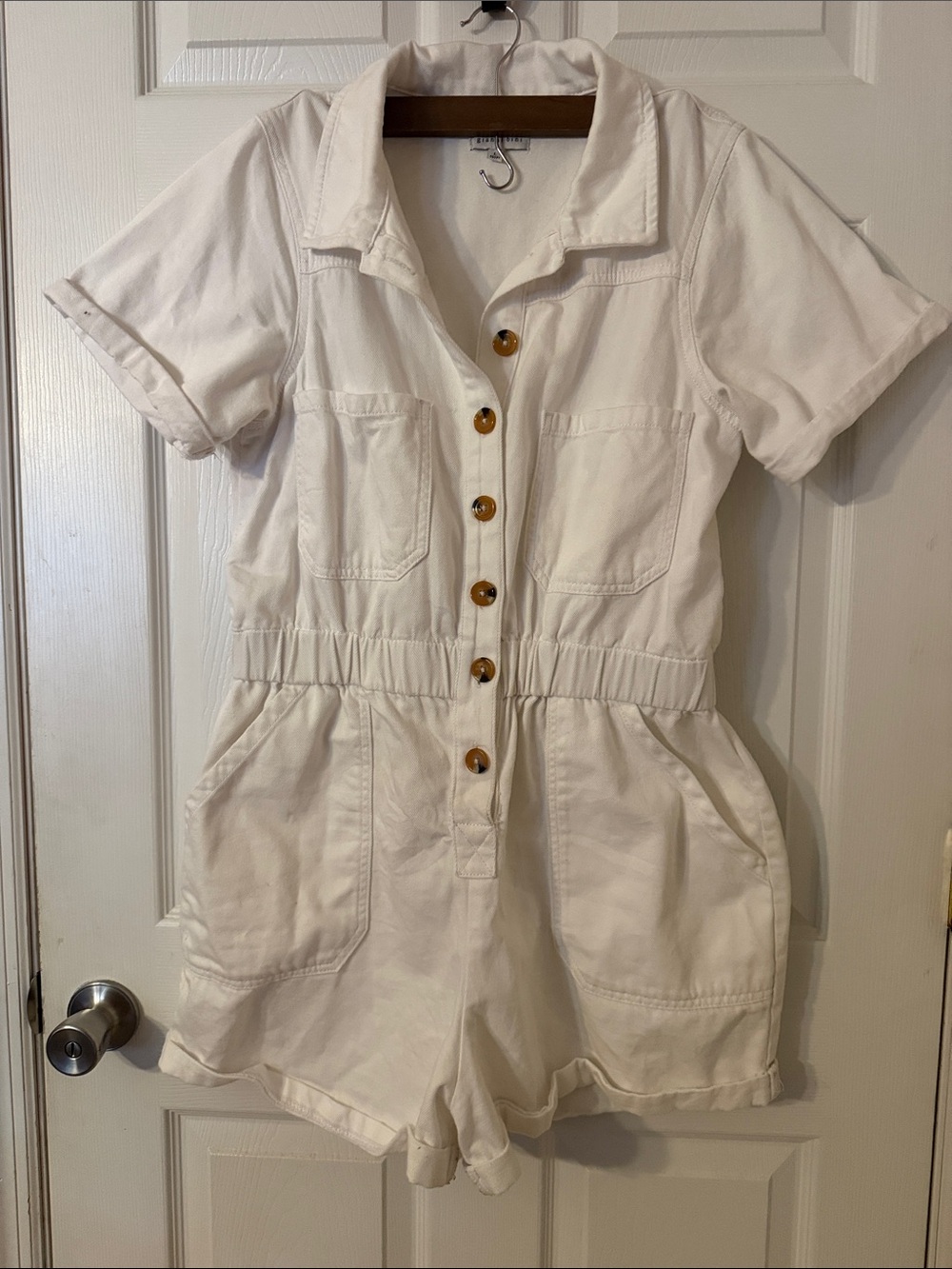 Gianni Bini Cream Short-Sleeve Button Romper